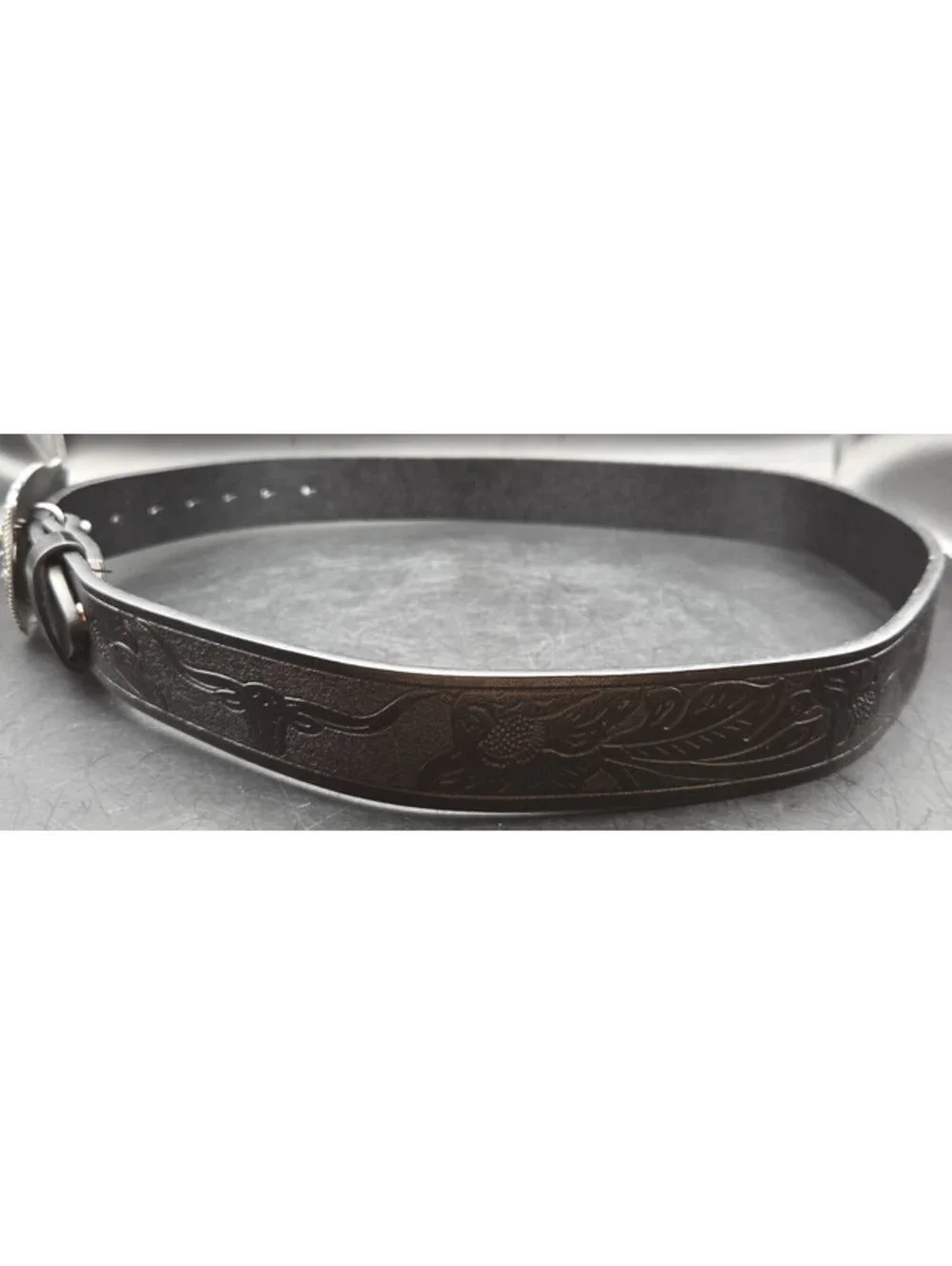 Western Leather Belt Mens 42 Black Floral Engraved Longhorn Buckle 1.25in
